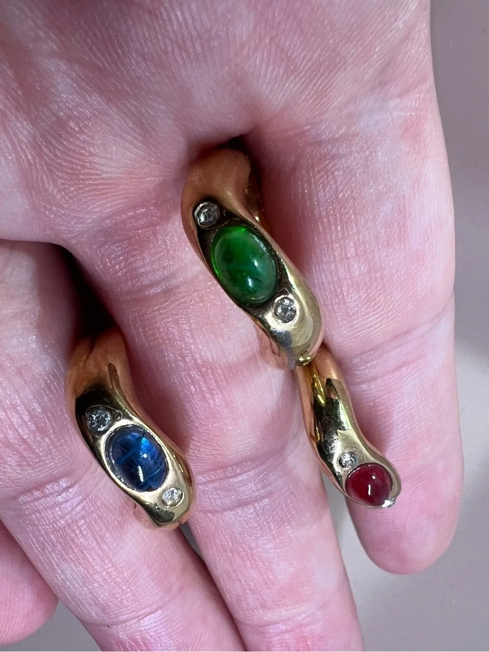18K gold electroplate Trio Multi-Stone Cocktail Rings - Red Blue Green